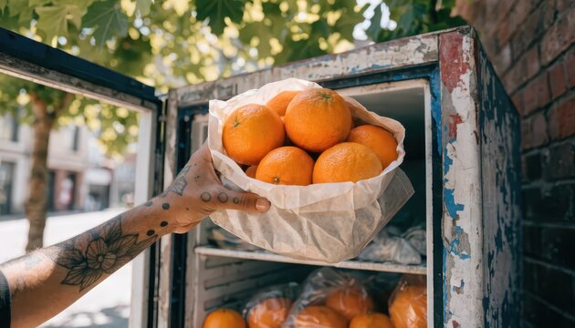 Closeup view of a tattooed hand holding a bag of fresh oranges, retrieved from a rustic outdoor cooler.