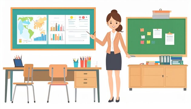 Illustration of a teacher in a classroom setting.