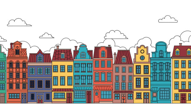 Vibrant row of colorful traditional dutch canal houses with various gables and architectural details under a cloudy sky in flat vector style.