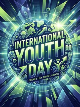 International Youth Day poster with globe and digital technology elements vibrant typography