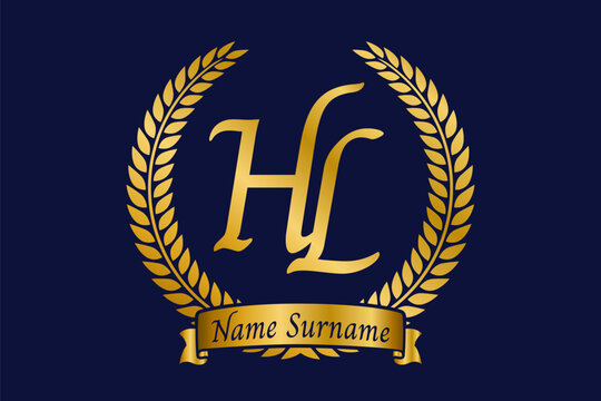 Initial letter H and L, HL monogram logo design with laurel wreath. Luxury golden calligraphy font.