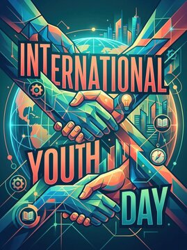 International Youth Day poster with hands gears and city skyline illustration