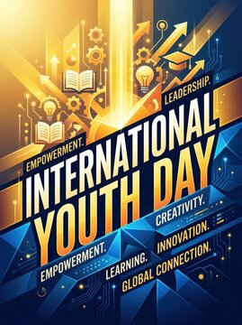 International Youth Day poster with typography gears and glowing arrows