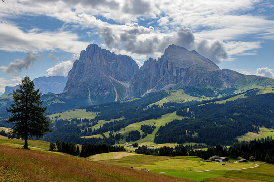 The Langkofel group with the peaks of Langkofel and Plattkofel on the Seiser Alm, Dolomites, South Tyrol, Italy.