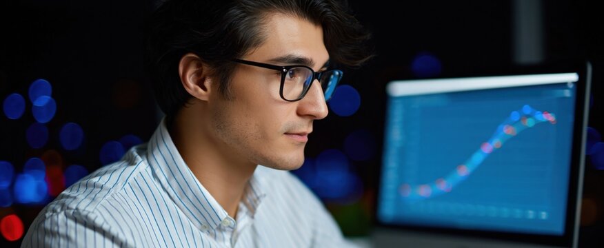 Correlation study. Polynomial regression graph. Forecasting patterns with past financial data. Analyst working on desktop computer to support evidence-based strategies.