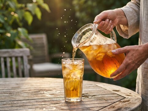 Pouring Refreshing Iced Tea with Lemon and Ice on Sunny Summer Day - Copy Space