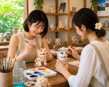 Young Women Enjoying Traditional Shisa Painting Workshop in Okinawa, Japan