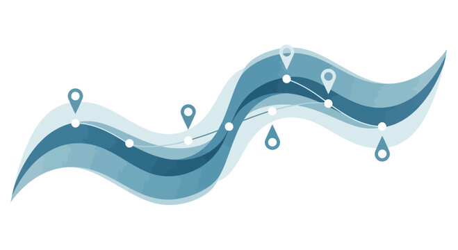Abstract blue wave graph with location pins and data points, infographic element