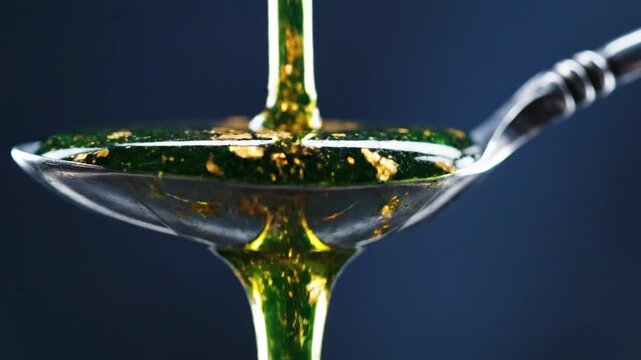 Macro photography of golden amber liquid dripping onto a silver spoon.