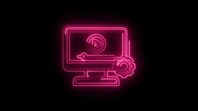 Neon pink computer monitor with play button and gear icon glowing on black background digital