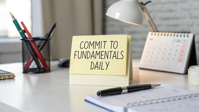 Motivational Desk Note Reminding Individuals to Commit to Fundamentals Daily for Personal Growth and Productivity Enhancement