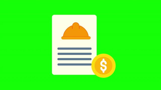 Construction Contract Payment Agreement Document with Safety Helmet and Finance Coin Animation Concept