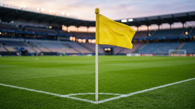 Opened ingredClose-up of a yellow corner flag on a green soccer field in an empty stadium at dusk.ient