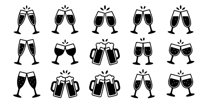Glasses Clinking in a Toast with Bubbles and Foam, Black and White Illustration Featuring Celebration, Drinks, Champagne with Beer and Wine Elements