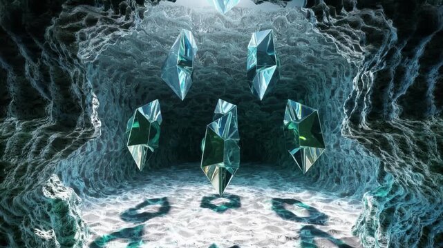 Mysterious Cavern with Floating Hexagonal Emerald Crystals Rotating and Casting Shadows