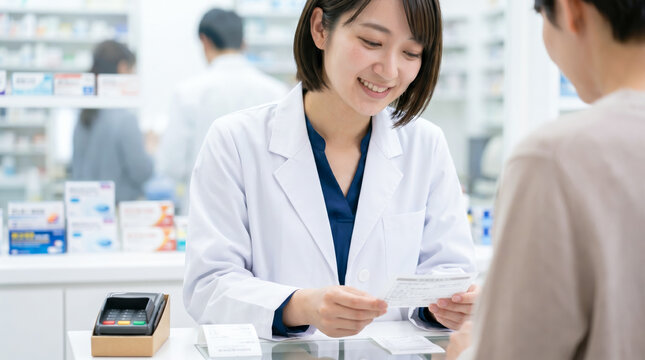 調剤薬局で患者に薬を処方する薬剤師の手元 処方せん薬局