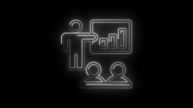 Business presentation meeting with glowing neon figures showing growth chart and audience... icon