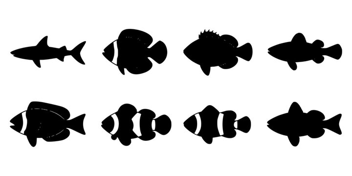 Fish Silhouettes in Various Shapes and Sizes, Including Sharks, Clownfish, and Other Aquatic Species.