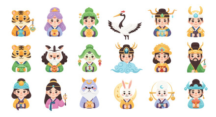 Obraz premium Cute Flat Design Korean Traditional Characters and Mythical Creatures Vector Illustration Set