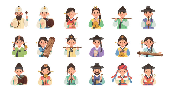 Flat Illustration of Korean Traditional Music and Culture with People in Hanbok Playing Musical Instruments