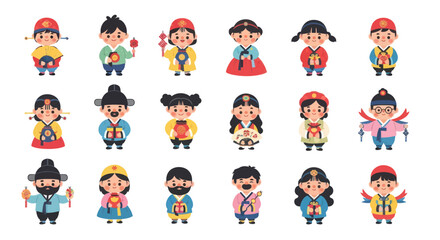 Fototapeta premium Adorable Flat Cartoon Korean Characters in Traditional Hanbok for Chuseok and Lunar New Year