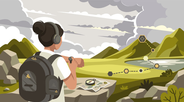 Solo female hiker with headphones and a backpack checking her smartwatch while looking at a scenic mountain valley route map with hexagonal waypoints.