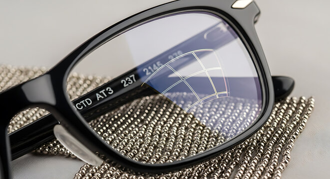 Eyeglass lenses with grid reflection and beaded fabric a close up photographic detail spectacles glasses eyewear optical vision