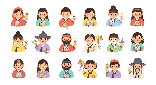 Cute Korean People Characters in Traditional Hanbok Flat Vector Illustration for Cultural Holidays  Festival Icons