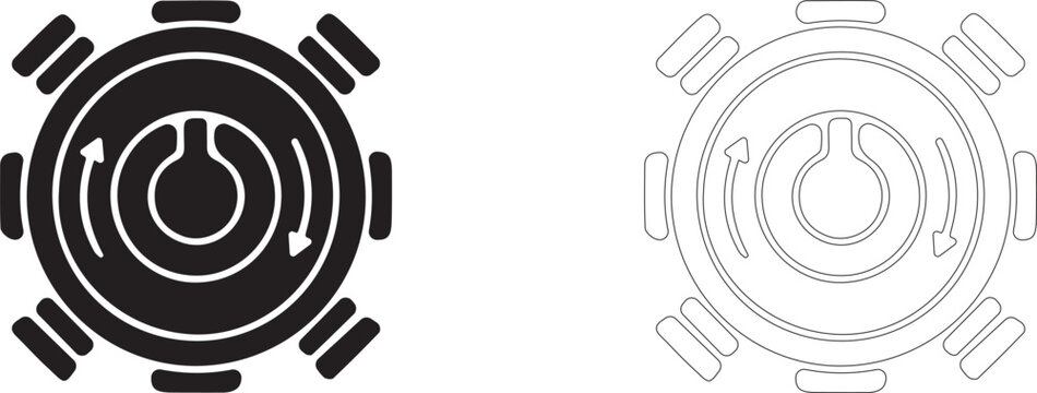 Space station hatch handwheel vector icon, airtight door valve symbol, airlock locking mechanism, compartment sealing and station safety.