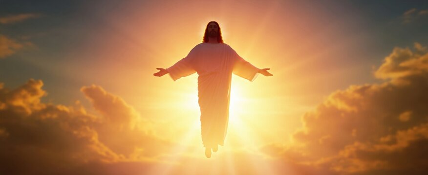 The risen Jesus Christ ascending into a radiant sunset sky with golden clouds, symbolizing divine presence, heaven, and the promise of the Second Coming.