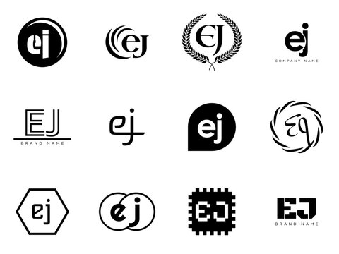 EJ logo company template. Letter e and j logotype. Set different classic serif lettering and modern bold text with design elements. Initial font typography.