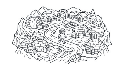 A whimsical hand drawn illustration of a small arctic village with igloos and a person walking. © Afinaja