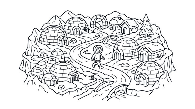 A whimsical hand drawn illustration of a small arctic village with igloos and a person walking.