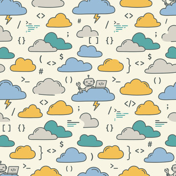 Seamless pattern of cloud computing and programming doodles with robot and code symbols. EPS Editable. Vector Illustrations.