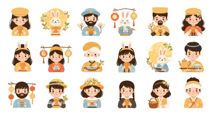 Obraz premium Cute Mid-Autumn Festival characters, rabbits, lanterns and mooncakes, vector illustration, flat design