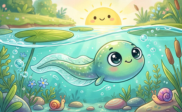 Cute baby tadpole swimming in a sunny pond