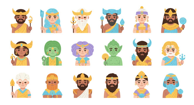 Flat Greek Mythology Gods and Goddesses Characters Vector Set