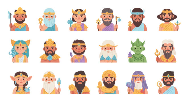 Ancient Mythological Gods and Goddesses Flat Design Cartoon Avatar Vector Icon Set for Deity Characters