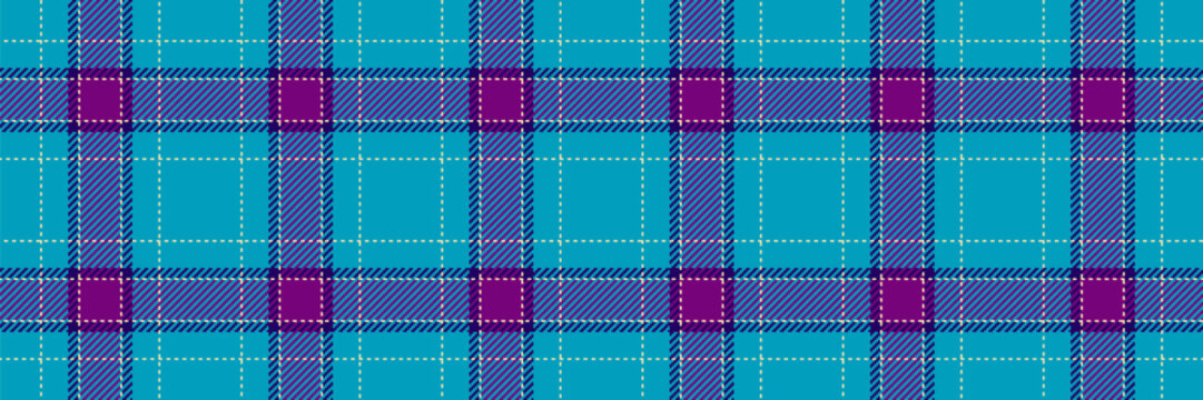 Intense background seamless check, nice vector tartan texture. Romance fabric pattern textile plaid in cyan and purple colors.