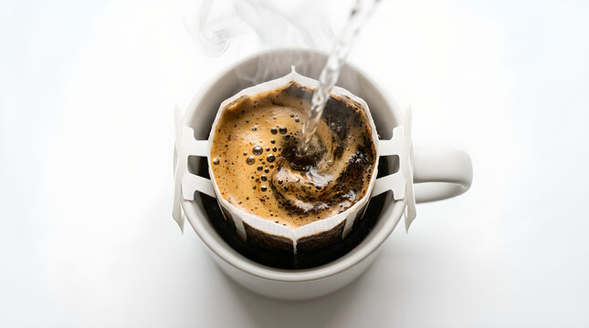 Hot water stream creating a swirl and foam in coffee filter. Single serve drip coffee bag brewing inside a white ceramic cup. portion coffee. drip bag brewing. drip coffee