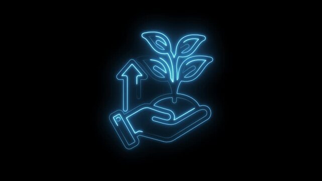 Blue neon glowing hand holding seedling with upward arrow symbolizing growth investment icon
