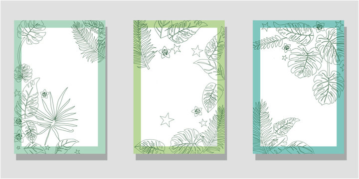 Set of summer botanical template decoration with tropical leaves and flowers. Tropical summer illustration. Vector illustration.