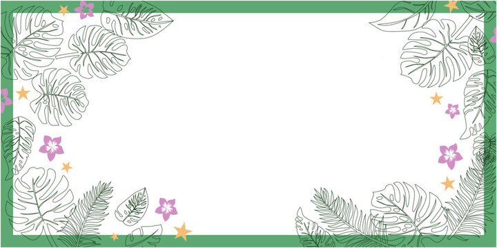 Tropical leaves and flower decoration frame for summer and summer vacation. Summer botanical illustration. 