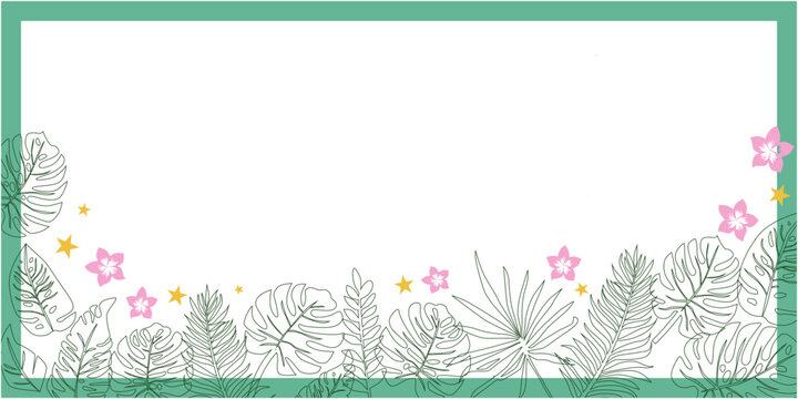Tropical leaves and flower decoration frame for summer and summer vacation. Summer botanical illustration. 