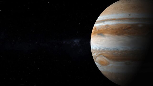Rotating Jupiter Planet with Flying Stars in Deep Space Background