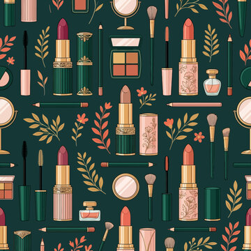 Seamless pattern of cosmetic products and makeup accessories on dark green background. EPS Editable. Vector Illustrations.