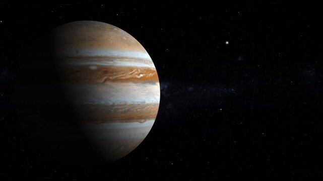 Rotating Jupiter Planet with Flying Stars in Deep Space Background