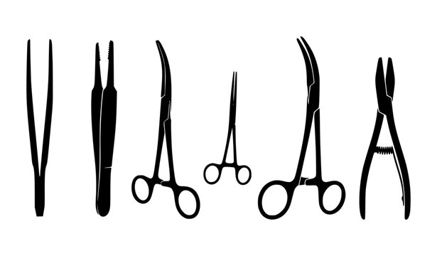 Medical Forceps Silhouette Set with Surgical Clamp Tools Isolated Vector Illustration