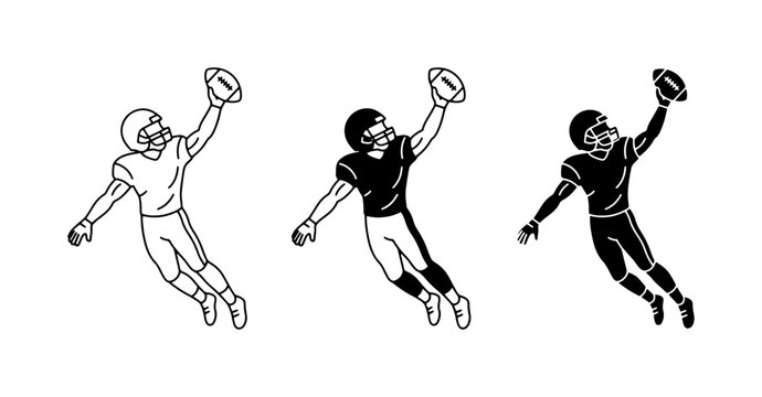 American Football Player Catching Ball, Dynamic Action Sports Vector Icons, Black and White Silhouette