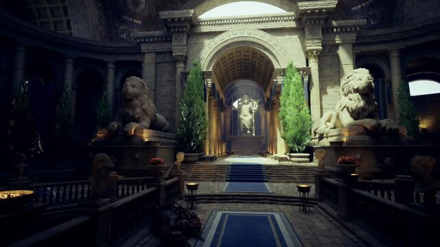 dimly lit ceremonial hall with statues around wide aisle and carpeted approach, candles and shadow play, opulent columns, preparations for evening event